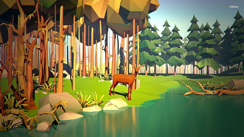Polygon Deer At The Forest Pond Vector, Polygon Landscape HD wallpaper