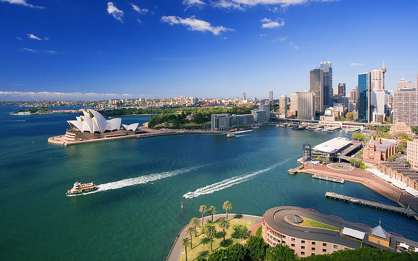 Ópera de Sídney, océano, paisajes urbanos del horizonte, atracción australiana, teatro, ciudades australianas, Sídney, Australia fondo de pantalla