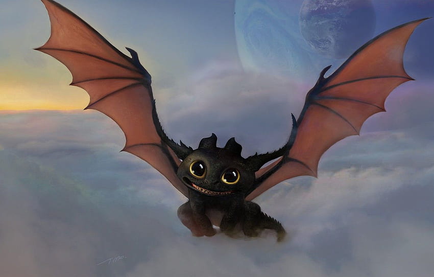 clouds, planet, art, dragon, Toothless, How to train your dragon, the night fury, fantasy, Wire of iron for , section фантастика HD wallpaper