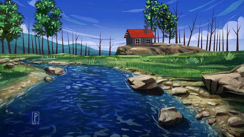 Haus, Flüsse, Steine, Kunst HD-Hintergrundbild