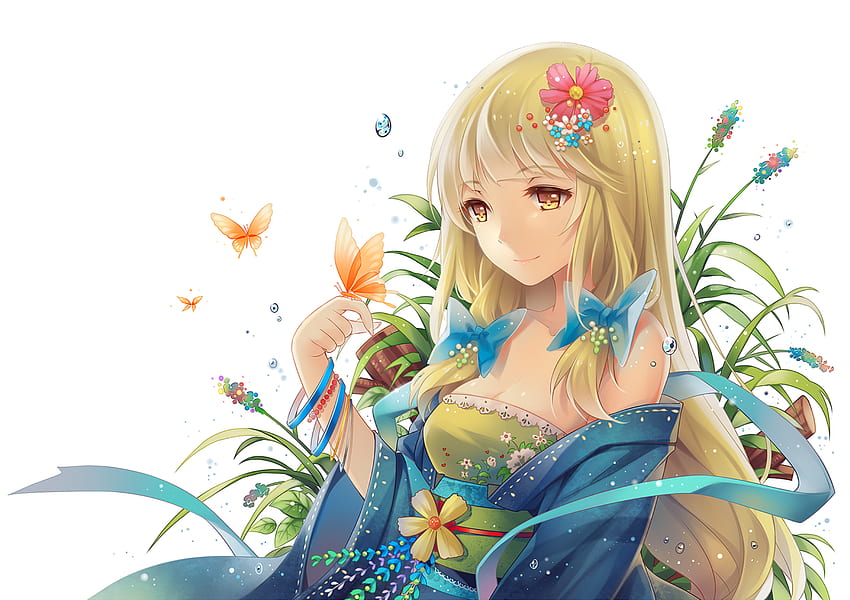 Girl, Butterfly, Blonde, Yellow Eyes, Kimono, Original (Anime), Water Drop, Flower, Smile, Anime HD wallpaper