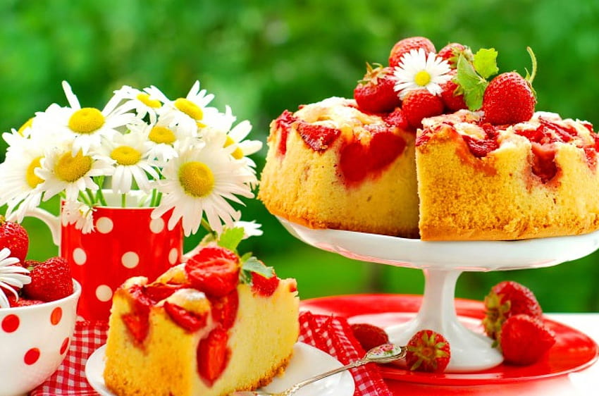 Strawberry sponge cake, strawberry, morning, spring, cake, daisies, nice, sponge, coffee, greenery, table, garden, beautiful, park, summer, still life, pretty, flowers, lovely HD wallpaper