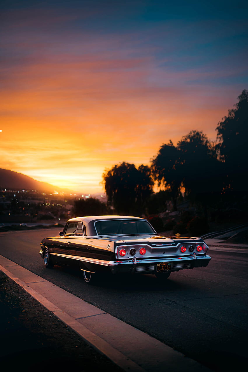 Sunset, Cars, Road, Car, Old, Retro HD phone wallpaper
