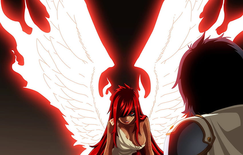red, girl, game, red hair, dress, anime, wings, red eyes, pretty, man, redhead, manga, Fairy Tail, oppai, strong, by animefanno1 for , section сёнэн HD wallpaper