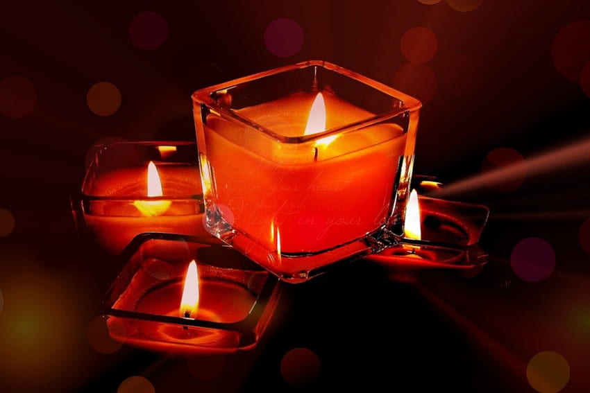 4 SQUARE CANDLELIGHT, GLASS, BEAUTIFUL, RED LIGHT, BOKEH, RED, CANDLES, ROMANTIC, CANDELIGHT, STILL LIFE, LOVELY, ROMANCE HD wallpaper