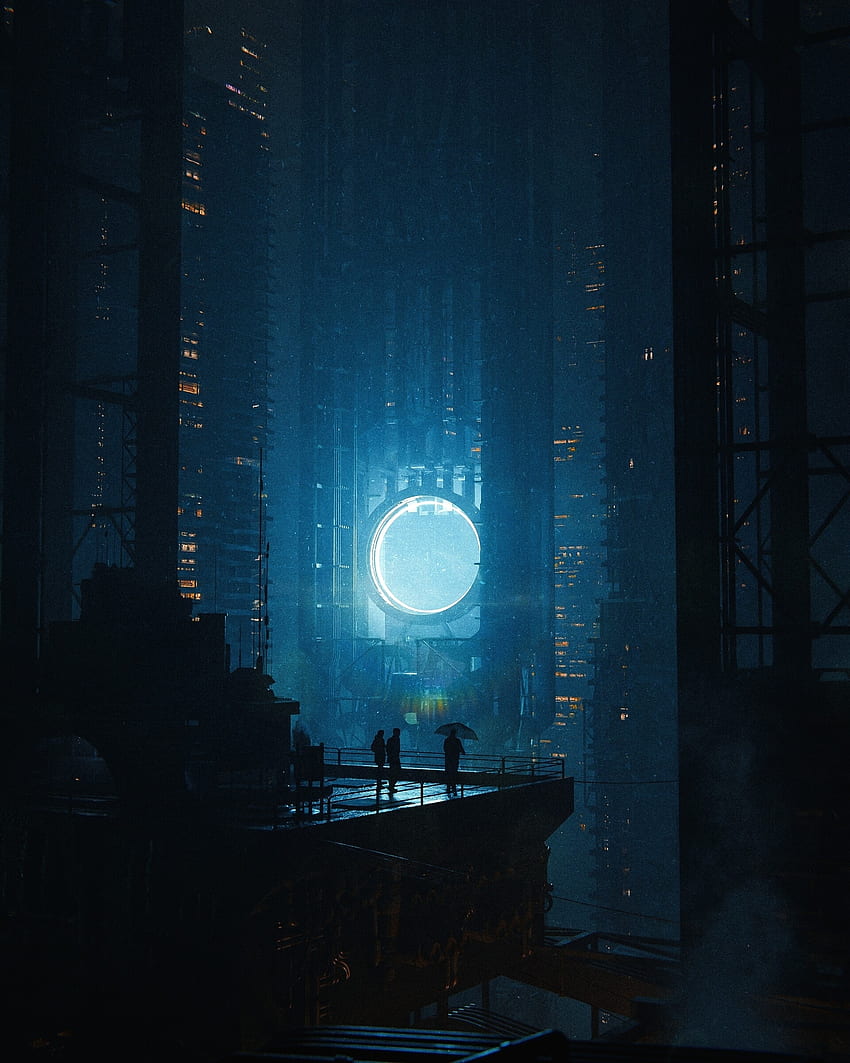 Tall buildings, glowing portal, cyberpunk HD phone wallpaper
