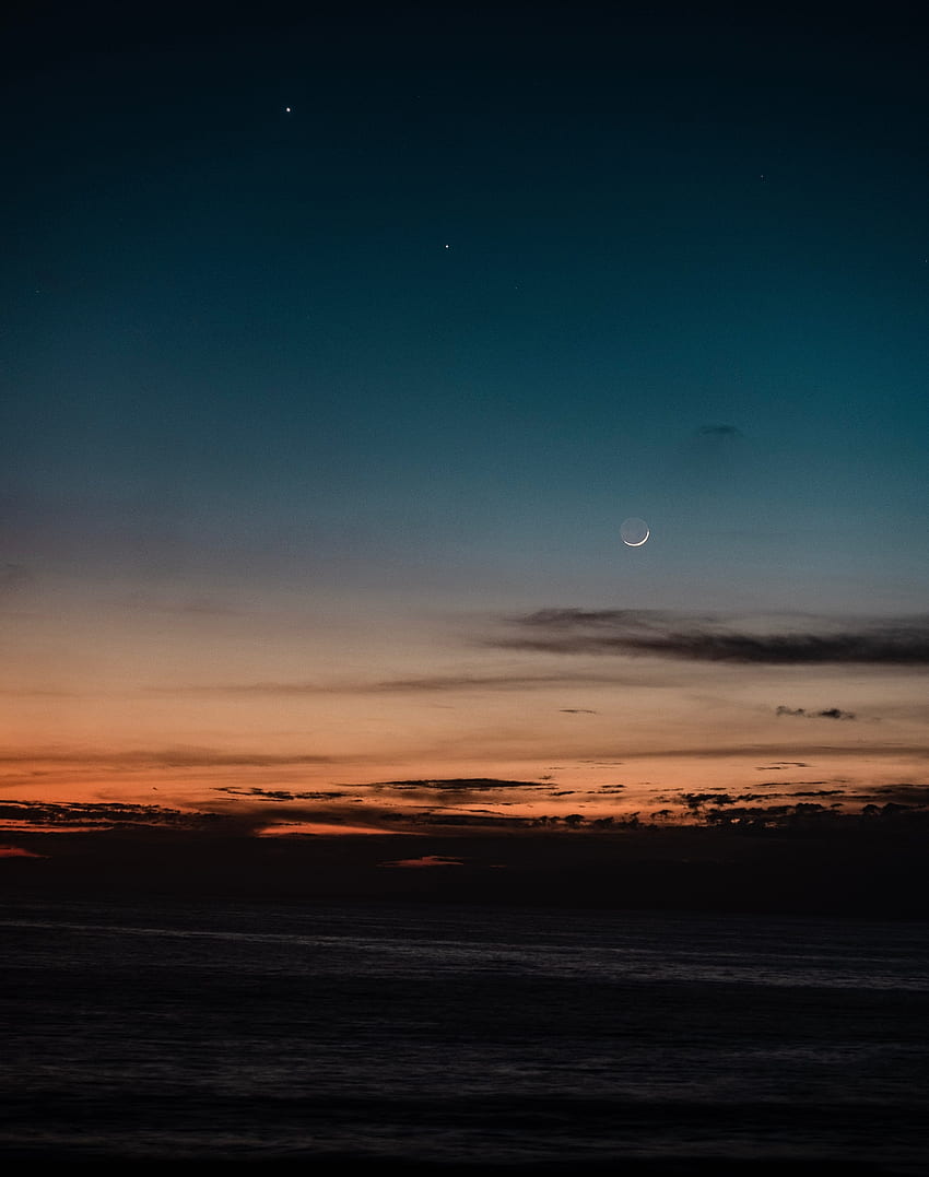 Evening, silhouette, sky, nature, moon HD phone wallpaper