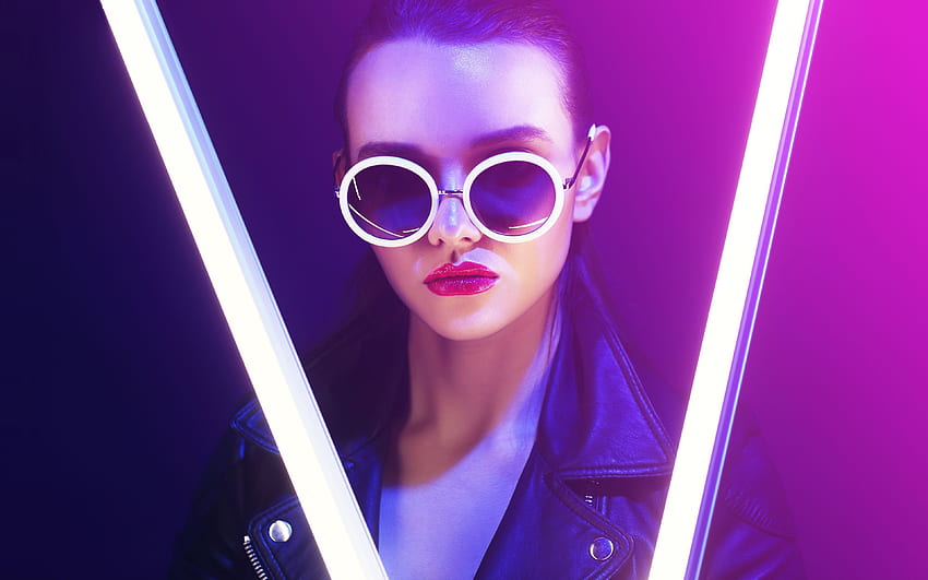 sunglasses, woman model, neon, Blue Neon Girl HD wallpaper