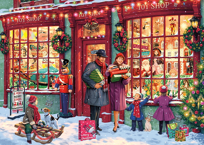 크리스마스 장난감 가게, 장난감, 흠뻑, 가게, 선물, 크리스마스, 썰매, 나무 HD 월페이퍼
