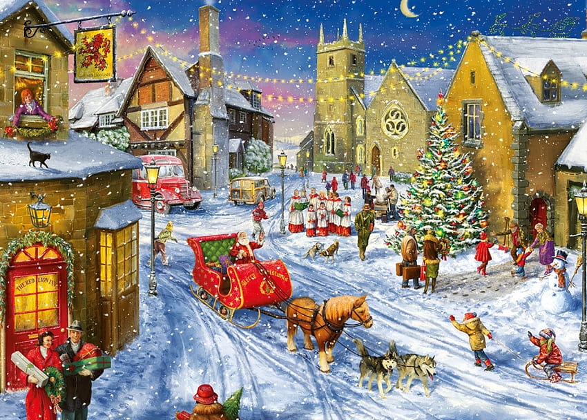 Natale in città, inverno, cavallo, persone, case, opere d'arte, slitta, pittura, neve, luci, Babbo Natale Sfondo HD