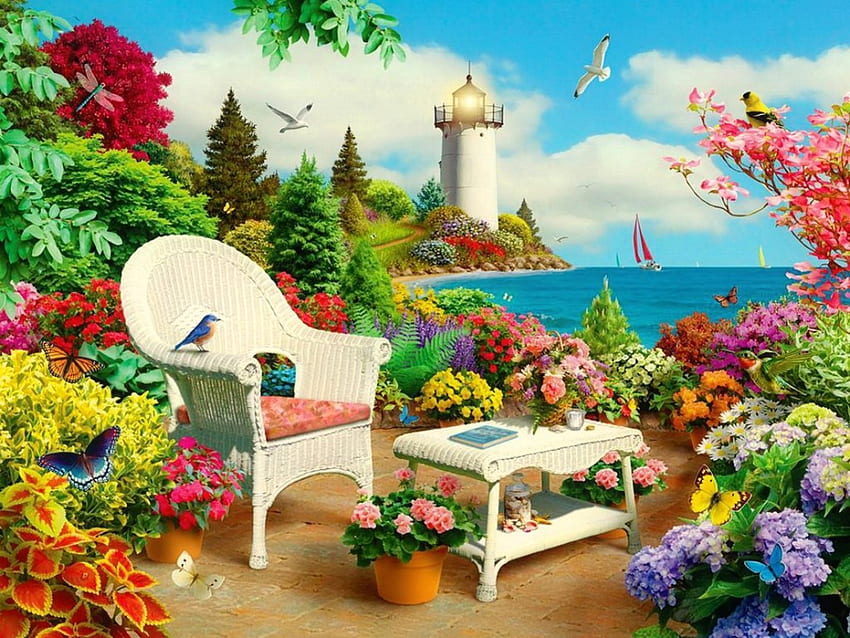 ความทรงจำ เก้าอี้ ทะเล ขอบฟ้า สีสัน ศิลปะ สวรรค์ สวยงาม ผ่อนคลาย ฤดูใบไม้ผลิ ฤดูร้อน พักผ่อน ดอกไม้ วอลล์เปเปอร์ HD