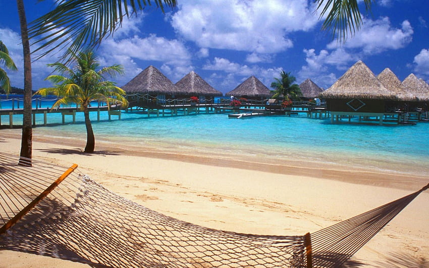 Bora Bora, morze, palmy, , raj, hamak, plaża, wakacje, SkyPhoenixX1, lato, kabiny, chmury, natura, niebo, ocean Tapeta HD