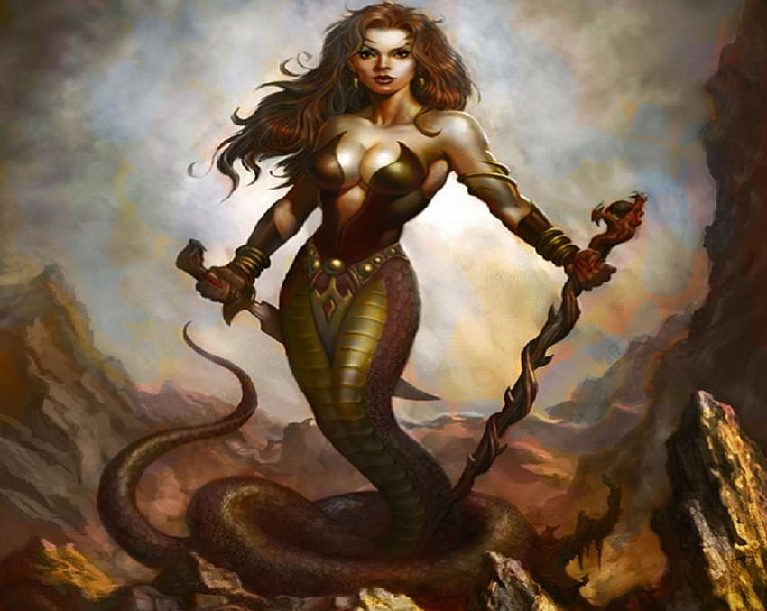 Serpent Woman, half snake, staff, sword, fantasy, half woman HD wallpaper
