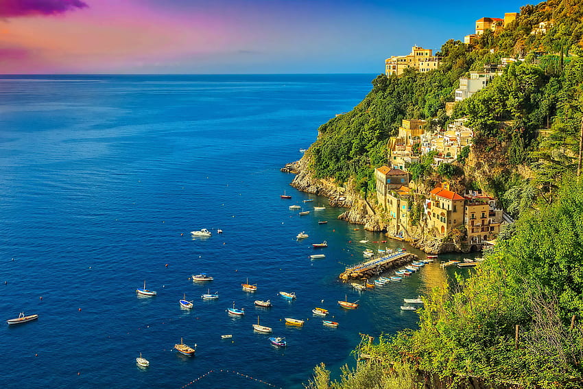 Costiera amalfitana, estate, mare, Amalfi, costa, veduta, bellissima, Italia Sfondo HD