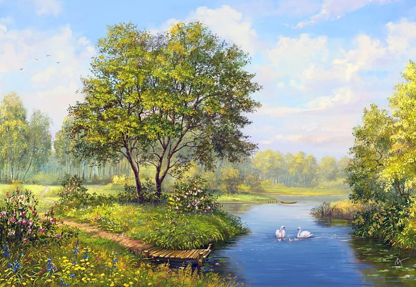 Swans, trees, birds, lake HD wallpaper