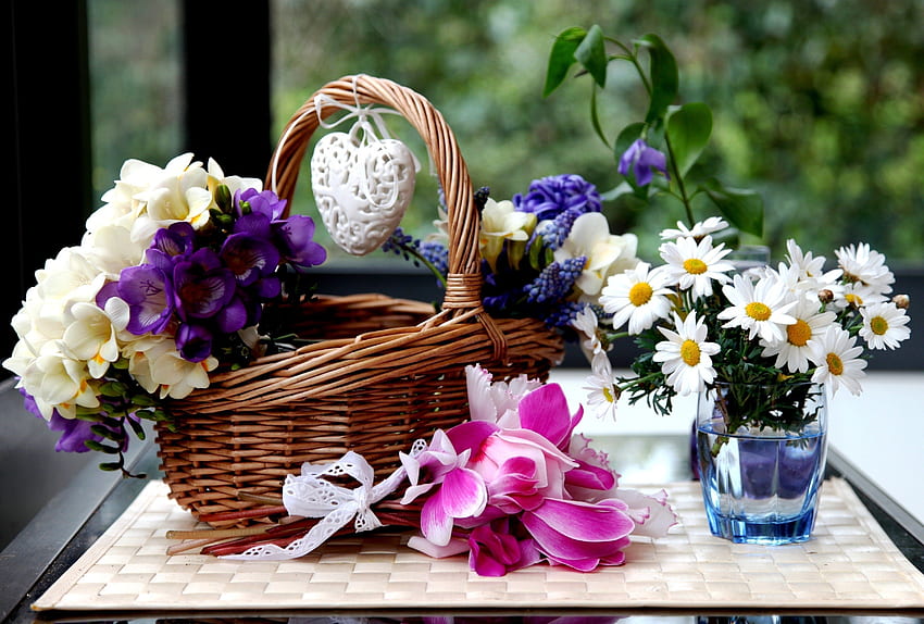 camomilas, cíclame, jacintos, vime, cesta, flores / e fundo móvel papel de parede HD