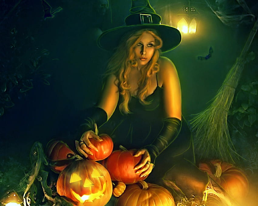 ★Witch Pumpkins★, holidays, broom, colors, weird things people wear, digital art, beautiful, creative pre-made, witch, pumpkins, love four seasons, halloween, fantasy, manipulation, lantern, October, lovely HD wallpaper