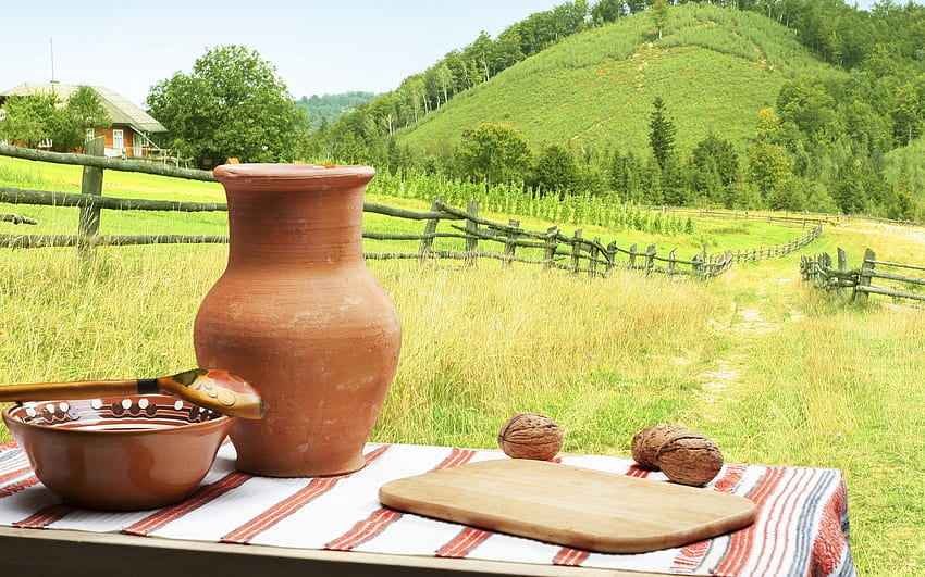 Countryside still life, Table, Grass, Fence, Plate, Landscape, Jug, Hills, Spoon HD wallpaper