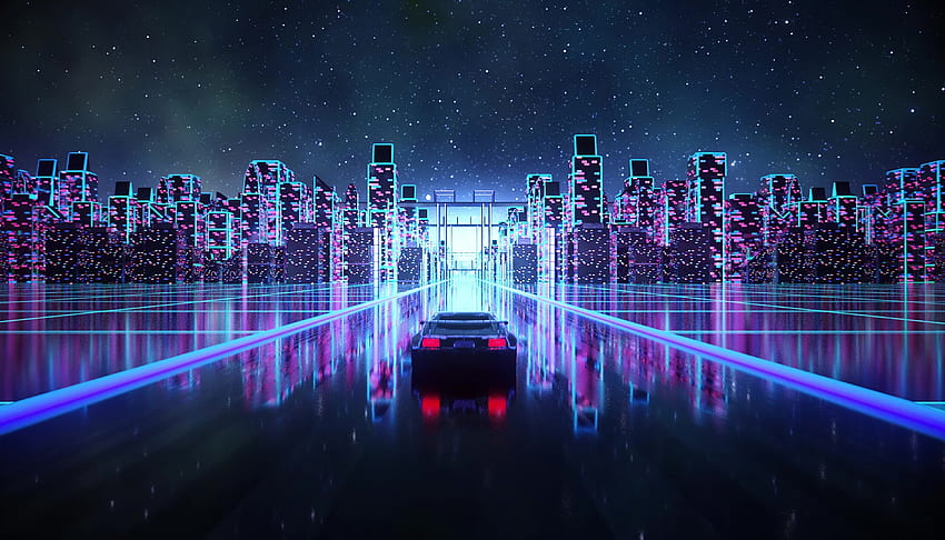 Cyberpunk, outrun, vaporwave, car on road, art HD wallpaper