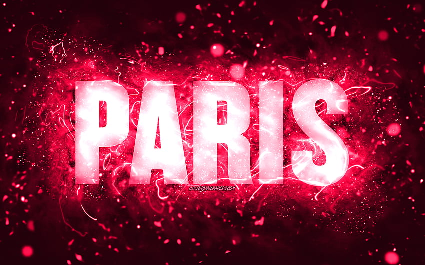 Happy Birtay Paris, rosa Neonlichter, Name Paris, kreativ, Paris Happy Birtay, Paris Birtay, beliebte amerikanische weibliche Namen, mit dem Namen Paris, Paris HD-Hintergrundbild