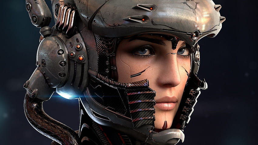 ศิลปะดิจิตอล หุ่นยนต์ ผู้หญิง ใบหน้า ตาสีฟ้า ไซบอร์ก เทคโนโลยี หมวกกันน็อค สายไฟ ไฟ ไบโอนิค / และพื้นหลังมือถือ วอลล์เปเปอร์ HD