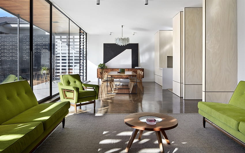 ruang makan, desain interior bergaya, apartemen mewah, desain modern, sofa hijau, perabotan hijau Wallpaper HD