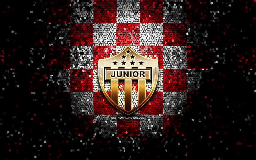 Atletico Junior FC, logo gemerlap, Categoria Primera A, latar belakang kotak-kotak merah putih, sepak bola, klub sepak bola Kolombia, logo Atletico Junior, seni mosaik, sepak bola, Atletico Junior, liga sepak bola Kolombia Wallpaper HD