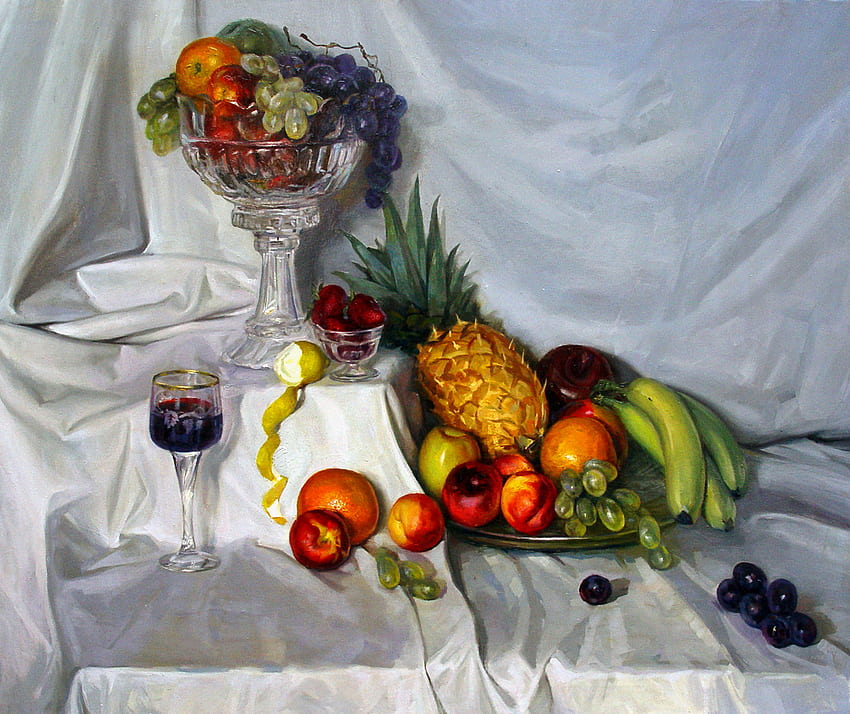 Still Life With Fruit, strawberries, grapes, plums, silky, apples, lemon, glass, white, silver plate, fabric, cherries, fruits, pears, pineapple, bananas, oranges, serving bowl, wine HD wallpaper