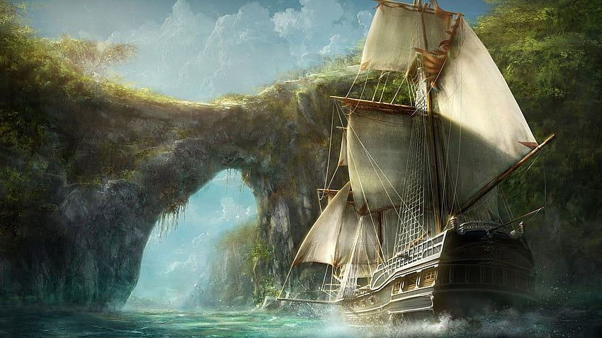 piratas viejo barco barco rocas agua bahía caribe arte digital JPG 473 kB, Caribbean Boat fondo de pantalla