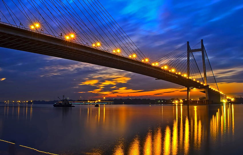 мост, светлини, река, вечерта, Индия, сияние, Колката HD тапет