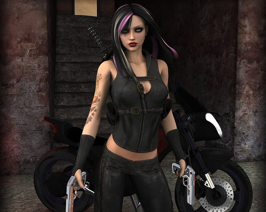 Bad To The Bone, Motorrad, Waffen, Frau, hart, gefährlich HD-Hintergrundbild