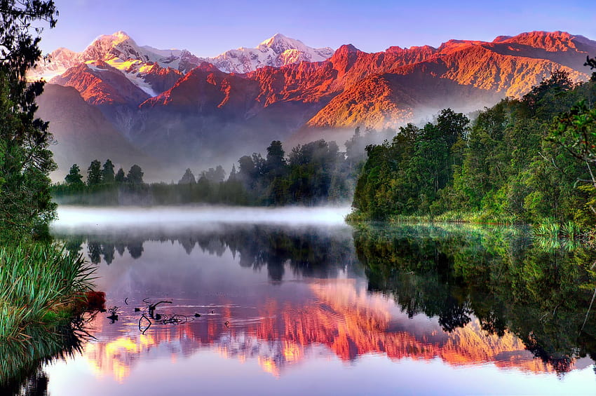 * Alps in New Zealand and Lake Matheson *, nature, mountains, forest, lake HD wallpaper