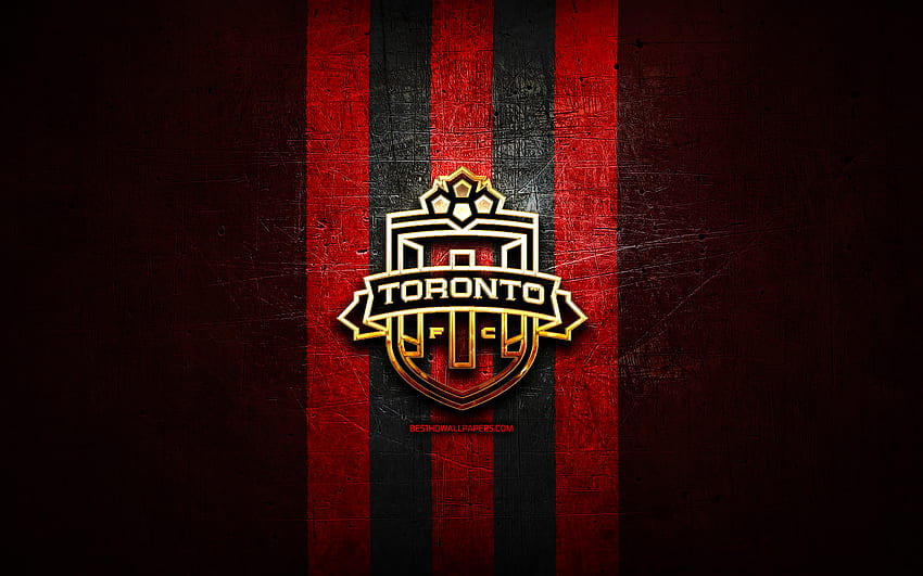 Toronto FC II, golden logo, USL League One, red metal background, american soccer club, Toronto FC II logo, soccer, Toronto II HD wallpaper