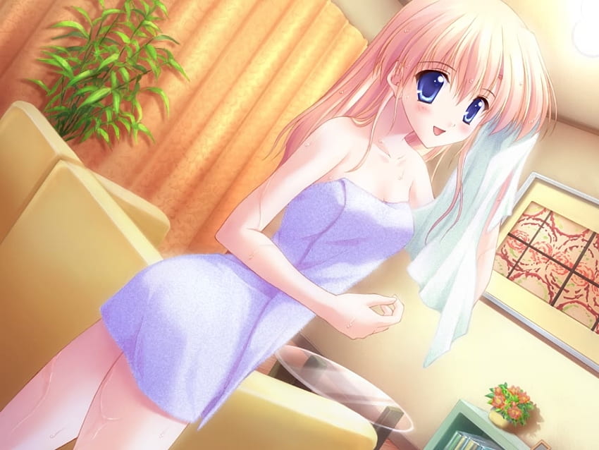Cute Girl In Towel, towel, wet, anime, house, hot, girl, tree HD wallpaper