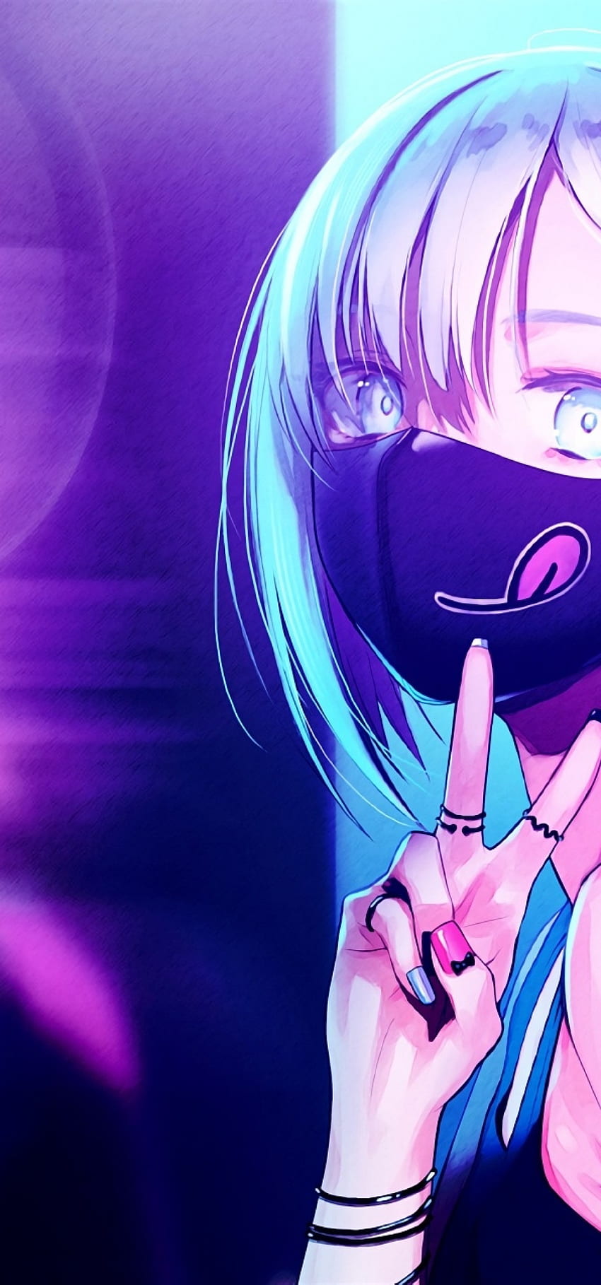 Anime-Mädchen, schwarze Maske, kurzes Haar, Neonlichter, Armbanduhr für Honor View 20 HD-Handy-Hintergrundbild