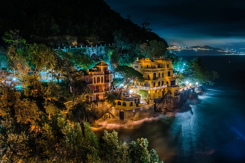 Portofino, Włochy, noc, morze, wzgórza, piękny, Włochy, ciemność, Portofino, odbicie, widok, podróżować Tapeta HD