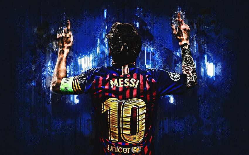 Lionel Messi, niebieski kamień, FCB, Barcelona FC, widok z tyłu, argentyńscy piłkarze, żółty mundur, La Liga, Messi, Leo Messi, grunge, LaLiga, Hiszpania, Barca, piłka nożna, gwiazdy futbolu z rozdzielczością Tapeta HD