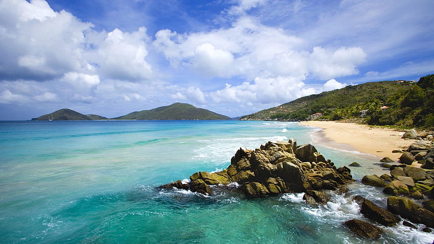 Naturaleza, piedras, cielo, orilla, banco, trópicos, surf, agua azul fondo de pantalla