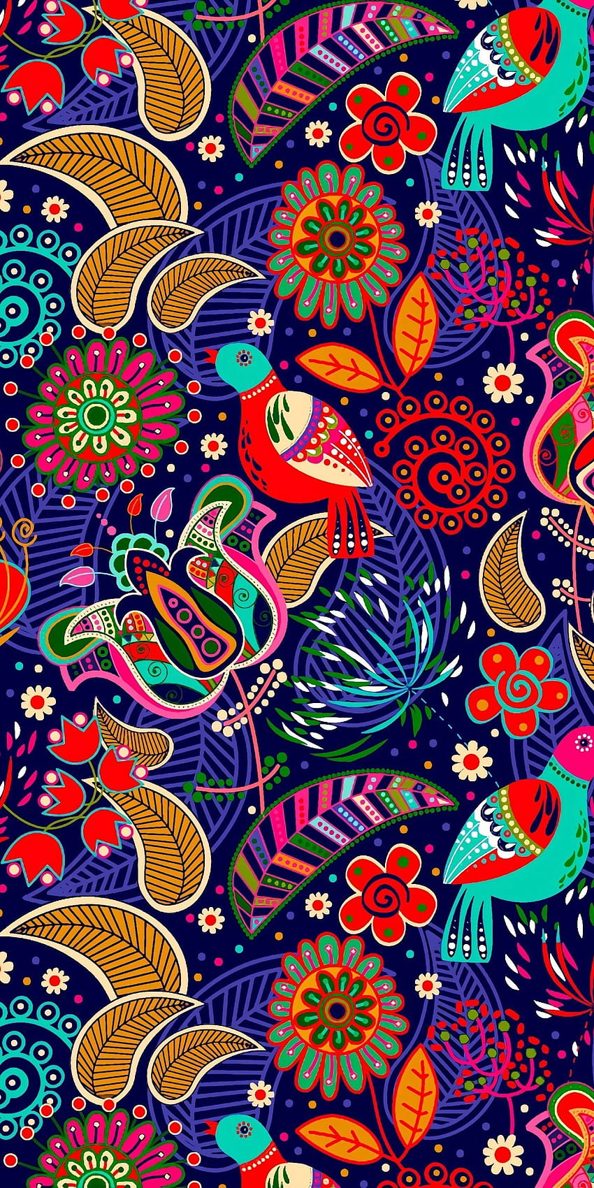 Wzór, kolorowy, ptaki, liść, kwiaty. Kolorowe, graficzne, abstrakcyjne tło, meksykańskie streszczenie Tapeta na telefon HD