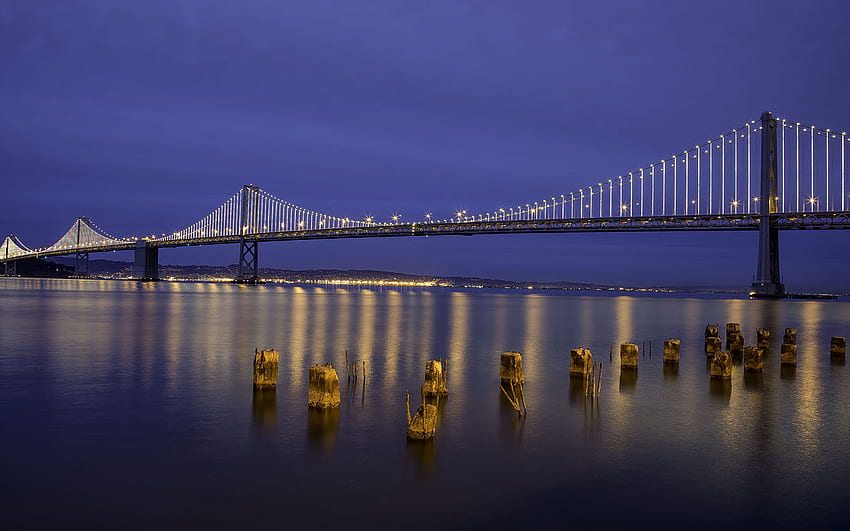 Oakland Bay Bridge Lights At Night San Francisco California United States Background For Windows HD wallpaper