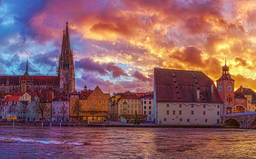 Regensburg Cathedral, R, embankment, german cities, Europe, Germany, Regensburg, Cities of Germany, sunset, Regensburg Germany, cityscapes for with resolution . High Quality HD wallpaper