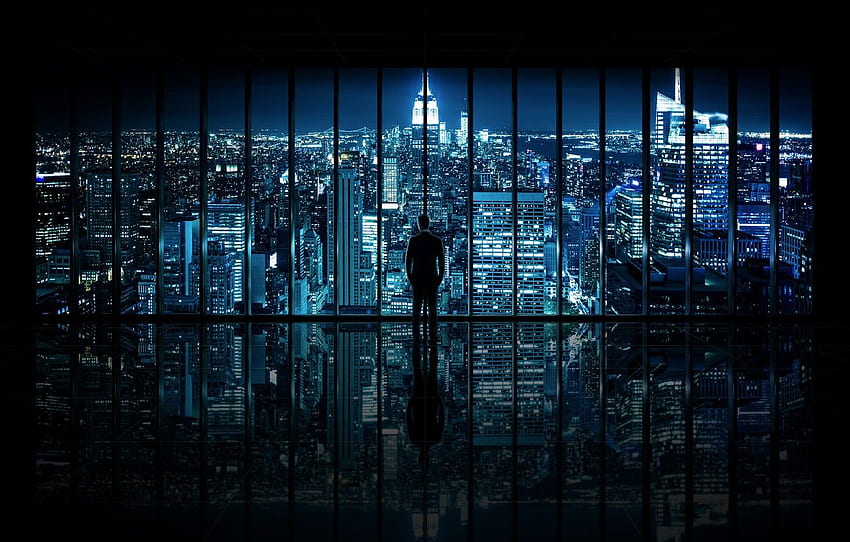 malam, kota, pemandangan, jendela, laki-laki, Ksatria Kegelapan, Kota New York, Jendela ke Kota Gotham untuk , bagian город Wallpaper HD