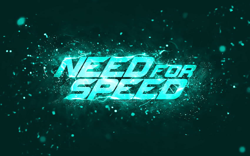 Need for Speed ​​turkusowe logo, NFS, turkusowe neony, kreatywne, turkusowe abstrakcyjne tło, logo Need for Speed, logo NFS, Need for Speed Tapeta HD