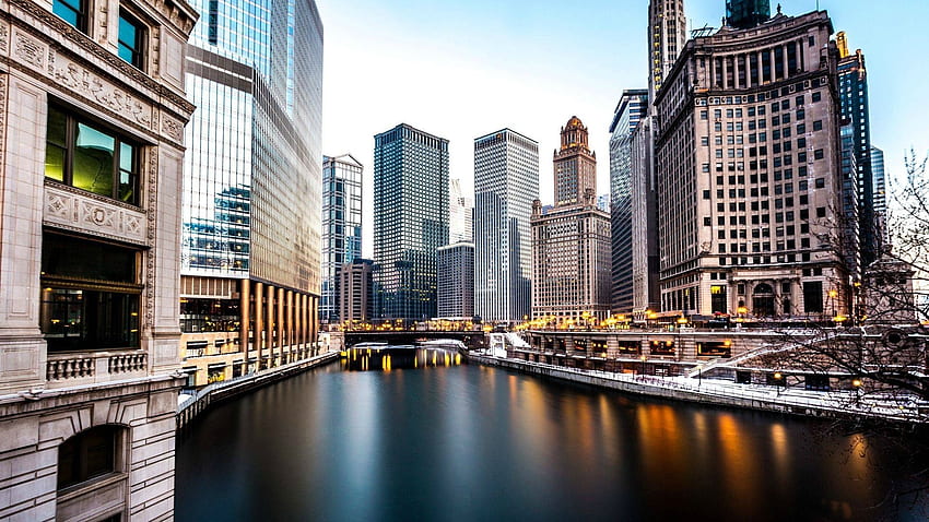 ciudad, Chicago, larga exposición, rascacielos, río y móvil fondo de pantalla