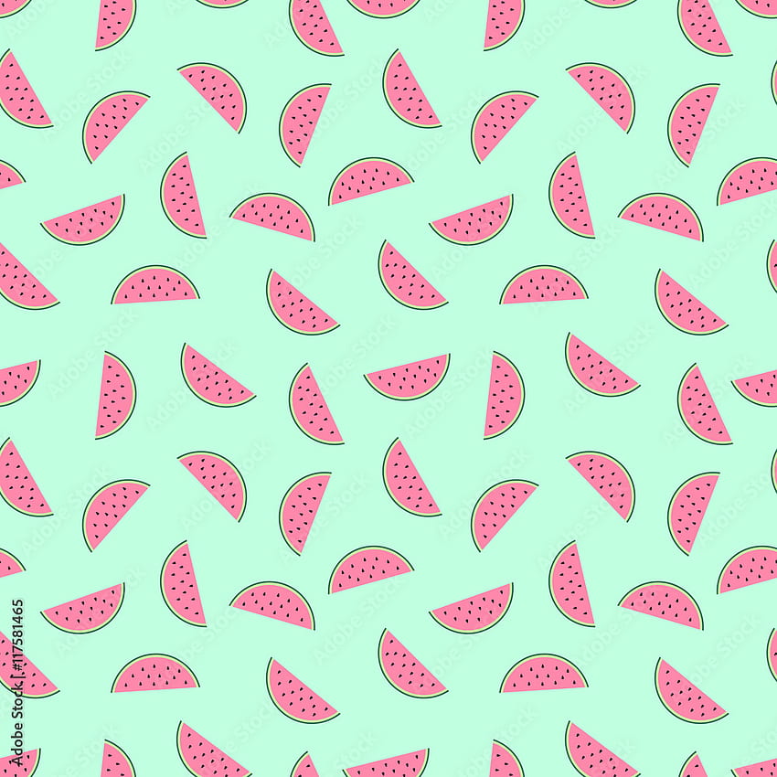 민트 녹색 배경에 분홍색 수박 조각이 매끄러운 패턴입니다. 귀여운 과일 패턴. 여름 음식 벡터 일러스트입니다. 섬유, 웹, 직물 및 장식을 위한 패션 디자인. 스톡 벡터, 수박 그린 HD 전화 배경 화면