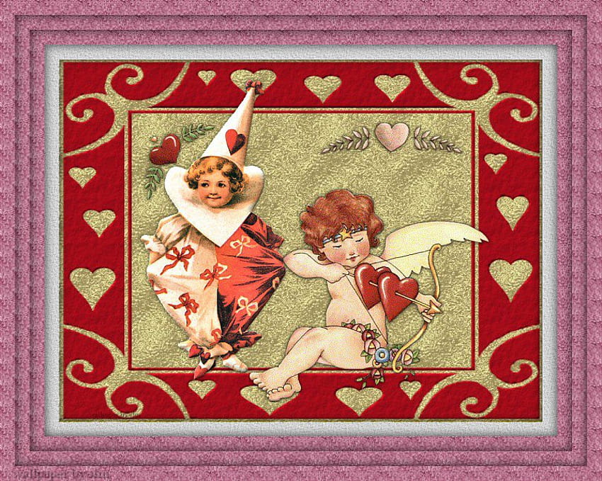 cupid and friend, valentines, mask, boy, red, hearts, cupid, victorian HD wallpaper