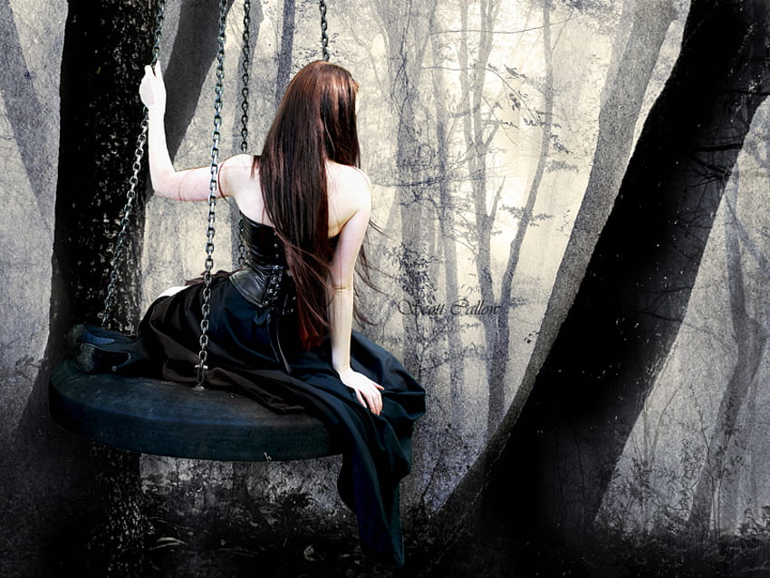 Home is Nowhere, corset, beautiful, swing, girl, surreal, gown, forest HD wallpaper
