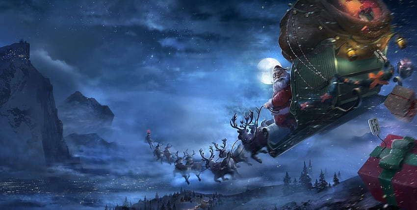 Feiertage, Weihnachtsmann, Hirsche, Weihnachten, Flug, Schlitten, Schlitten, Geschenke, Geschenke HD-Hintergrundbild