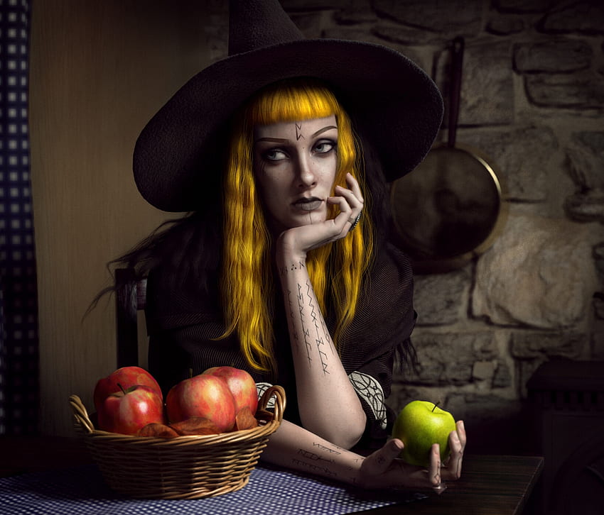 Вещица, черно, Аня Грьогер, изкуство, шестнадесетичен, момиче, ръка, Хелоуин, фантазия, жълто, плодове, ябълка, луминос, шапка HD тапет