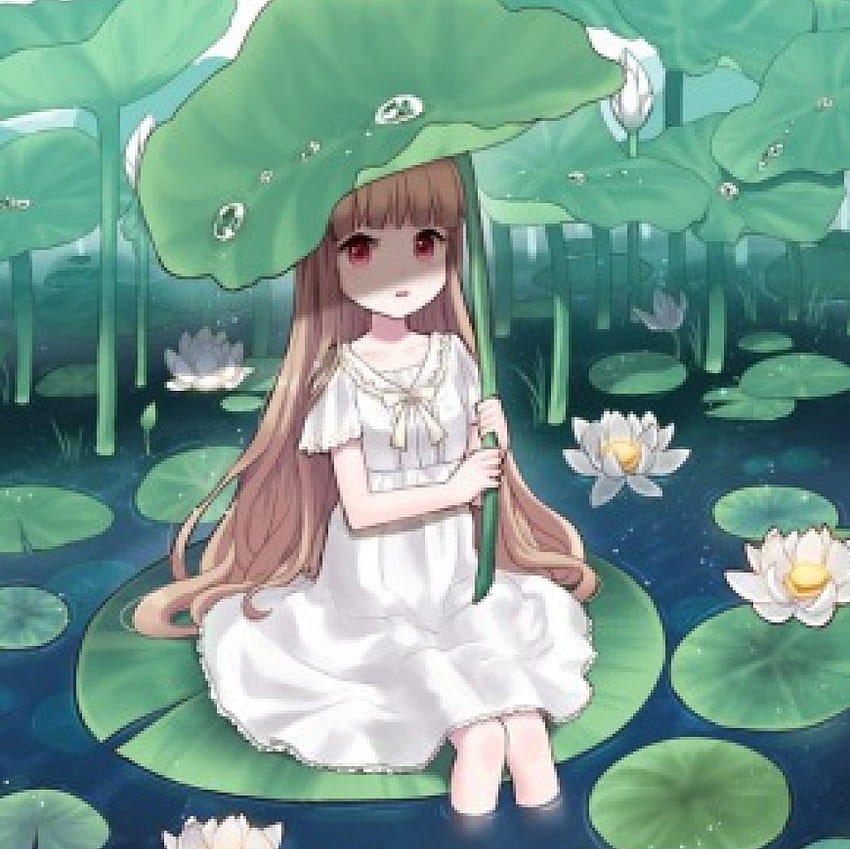 Lily Pad, cute, long hair, dress, nice, flower, water lily, kid, adorable, water, pond, female, sweet, white, children, girl, kawaii, anime girl, anime, prety, green, brown hair, gown, lovely, flora, child, lotus HD wallpaper